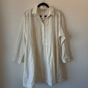 LOFT Beach Collared Dress L White Long Sleeve Button Front Dotted Stripe Cotton